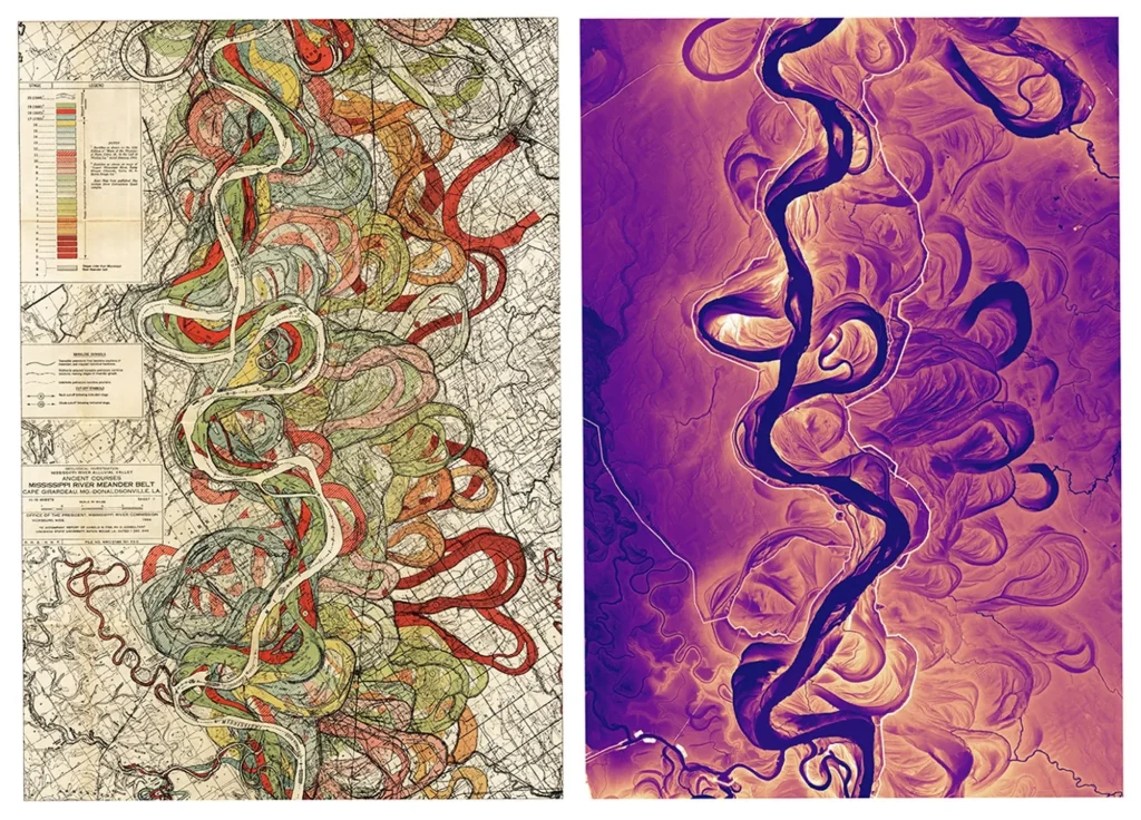 On the left, Fisk’s 1944 hand-drawn meander map of the Mississippi River.
On the right, Daniel Coe’s 2019 LIDAR-based image of the same section of river.